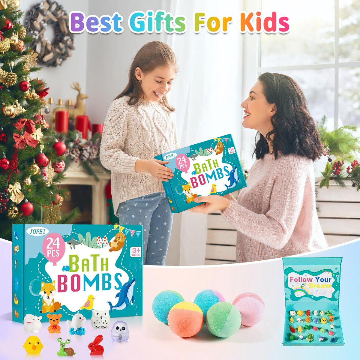 Bath Bombs for Kids with Surprise Inside, 24 Pack Kids Bath Bombs Gift Set, Christmas Gift for Kids Stocking Stuffers for Boys Girls Kid Bubble Bath Fizzy with Bath Toys Inside