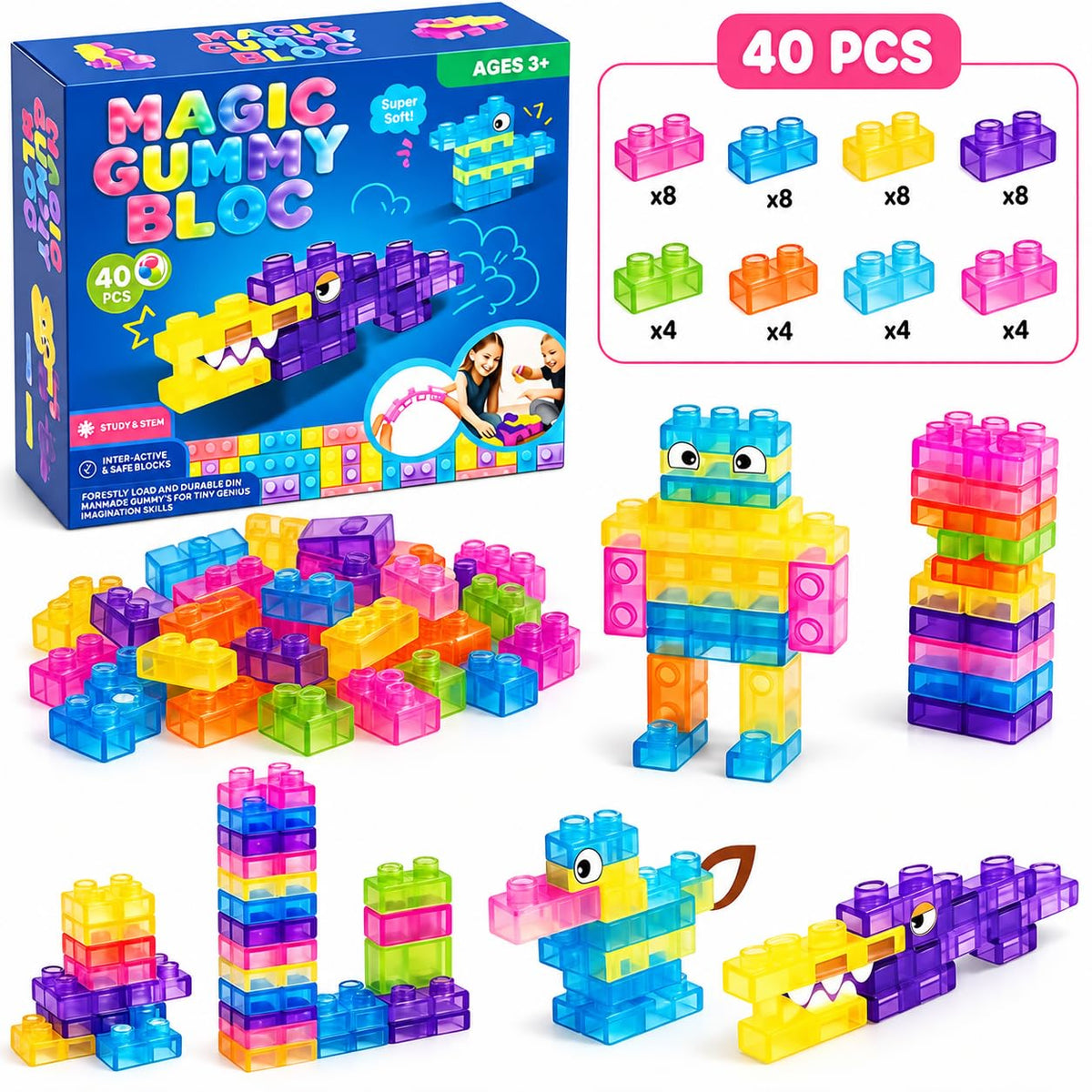 Magic Gummy Bloc Soft Sensory Building Blocks Set 40 Pcs