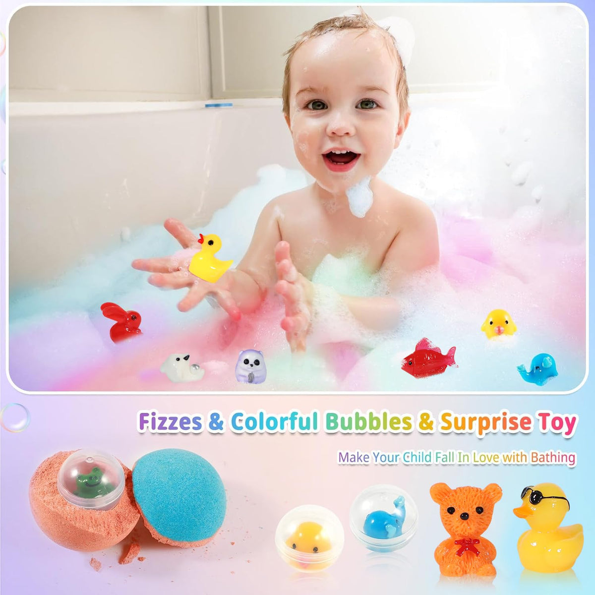 Bath Bombs for Kids with Surprise Inside, 24 Pack Kids Bath Bombs Gift Set, Christmas Gift for Kids Stocking Stuffers for Boys Girls Kid Bubble Bath Fizzy with Bath Toys Inside